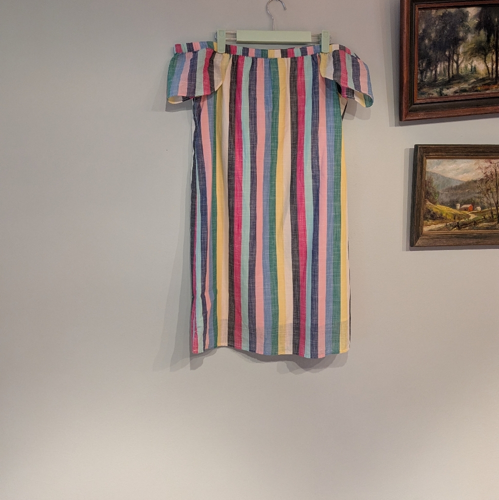 J.Crew Factory Size 6 Colorful Candy Stripe Off Shoulder Dress Cotton Short 160 - Picture 2 of 10